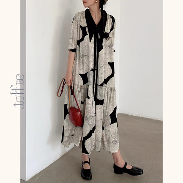 モノトーンプリントボウタイワンピース Z00420