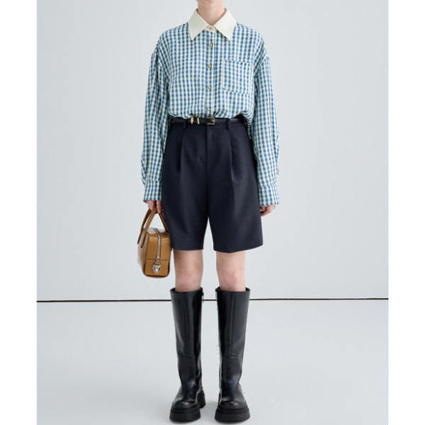 ギンガムチェックのクレリックシャツ X-288