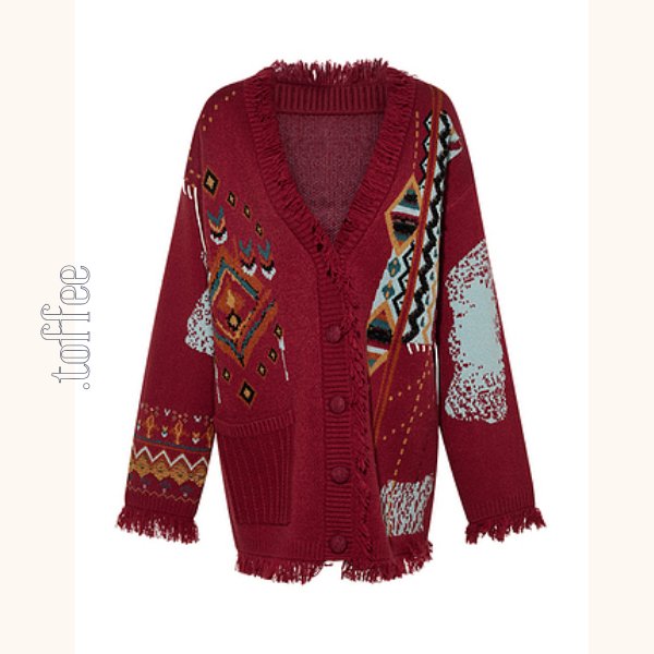 【2color】フリンジ付き北欧風ミドル丈カーディガン 《Z00671》