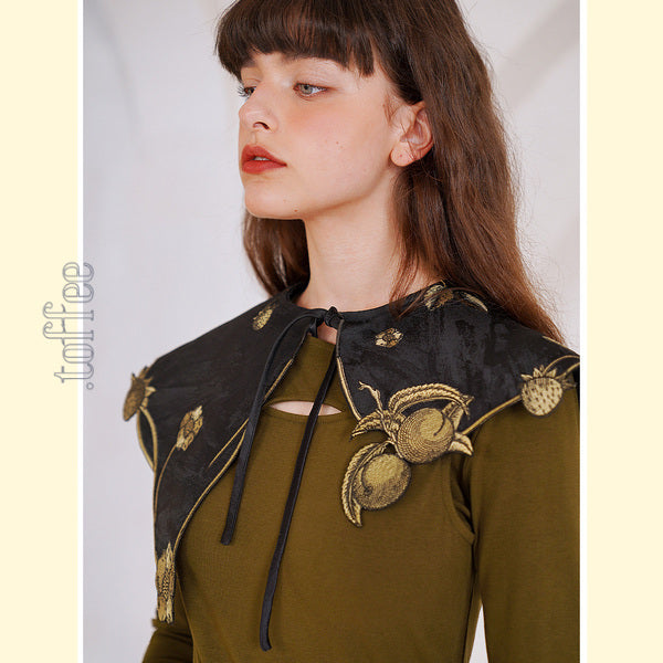 【2color】果物モチーフの植物画刺繍:ロマンティックフェアリーケープ C0168