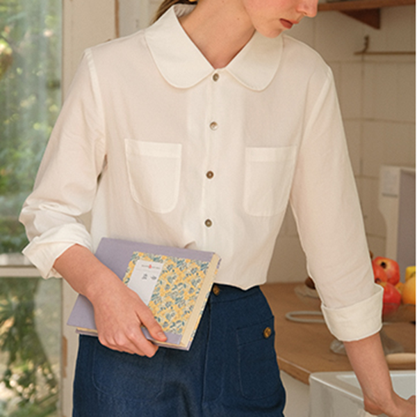 【3color】丸襟パッチポケット付きベーシックシャツ 《Z00742》