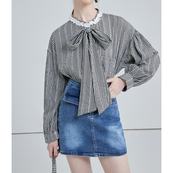 フロントリボンギンガムチェックルーズブラウス X-527