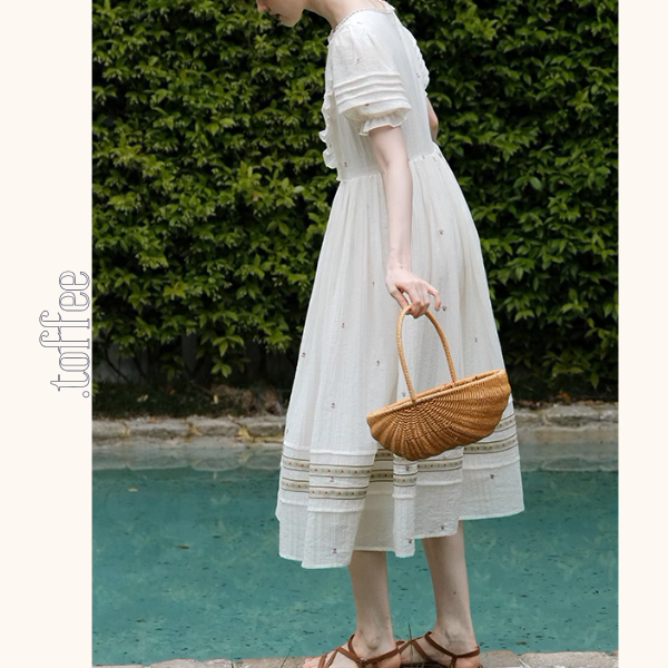 レース&パール装飾パフスリーブワンピース《Z00985》