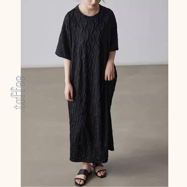 ラウンドネックロングブラックワンピース《Z00996》