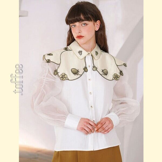 苺の植物画刺繍:ロマンティックケープ フェアリーブラウス C0161