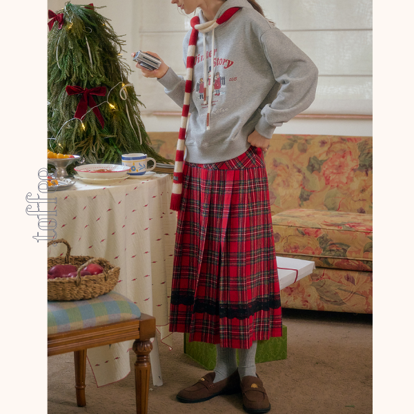 タータンチェック柄ハイウエストAラインミディスカート  《Z00785》