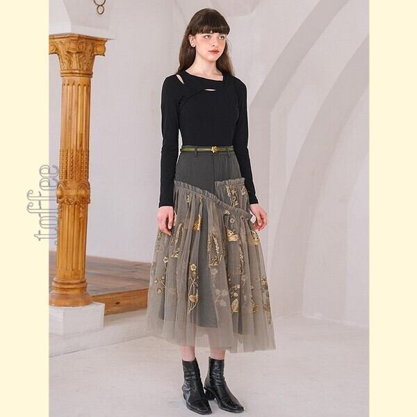 ニッチでクラシカルな植物画刺繍:フェアリーシアースカート C0163