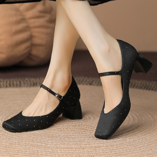 【2color】スクエアトゥチャンキーヒールドットパンプス X-536