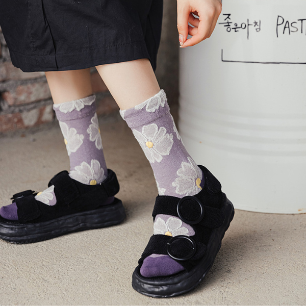 【4足set】パープルフラワーソックス X-030