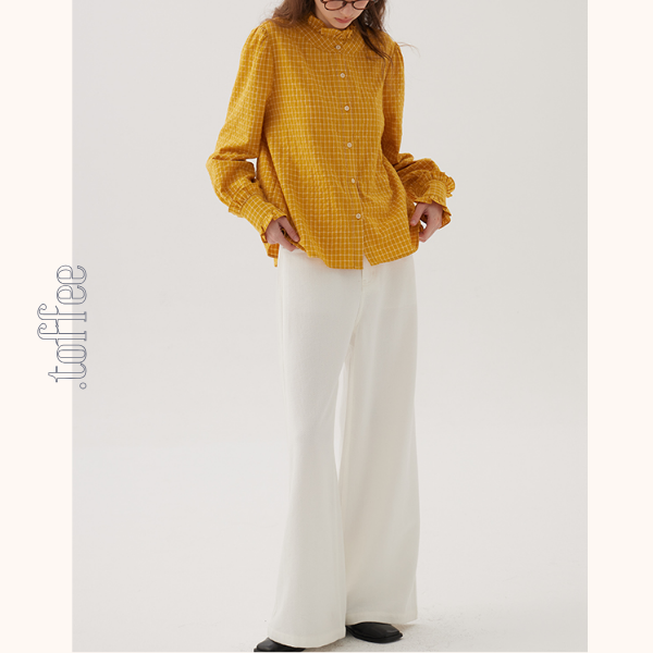 フリルネックチェック柄スリムシャツ《Z00848》