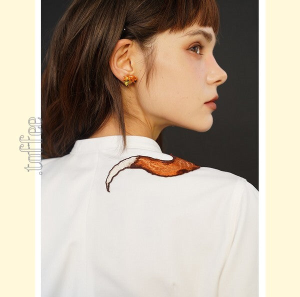 【2color】「小狐物語」森の中のキツネとアシンメトリーフリルブラウス C0182