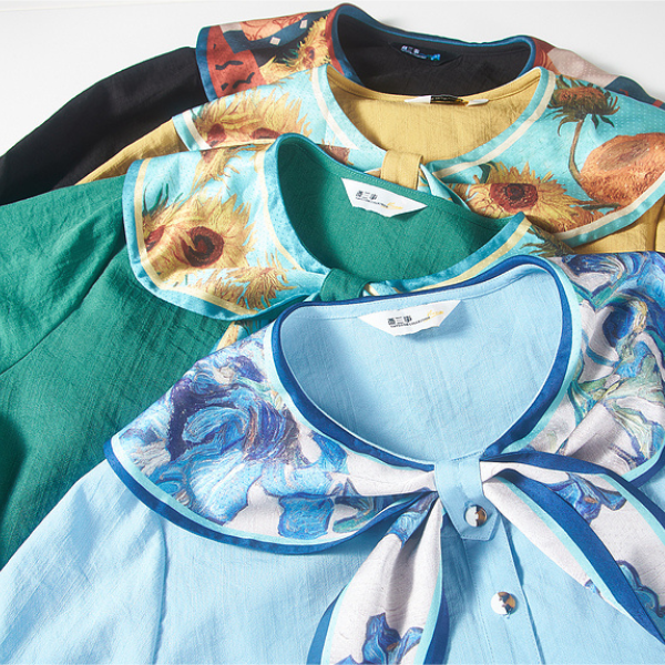 【4color】ゴッホのアートプリント入りプリーツシャツ X-516