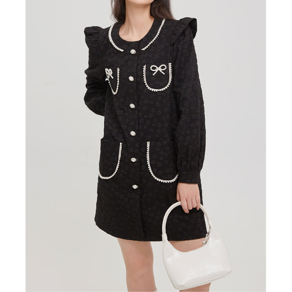 ふくれジャガードのブラックミニワンピース X-381