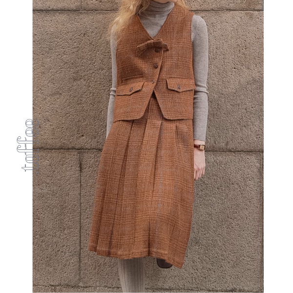 【3color】チェック柄リボン装飾ジレ&ミモレ丈プリーツスカートセットアップ《Z00858》