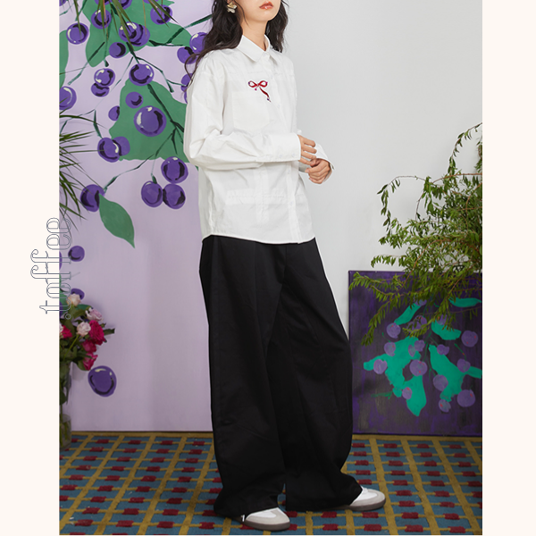 チェリー刺繍重ね着風テーパードパンツ 《Z00699》