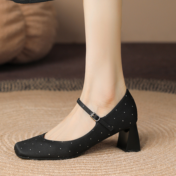 【2color】スクエアトゥチャンキーヒールドットパンプス X-536