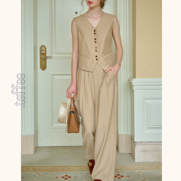 レトロ調シングルブレストベスト&ハイウエストワイドパンツセットアップ 《Z00815》