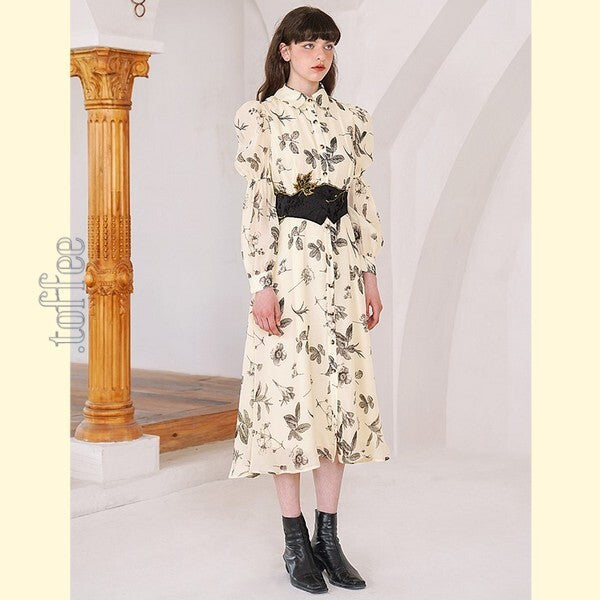クラシカルボタニカルプリント パフスリーブシャツワンピース C0165
