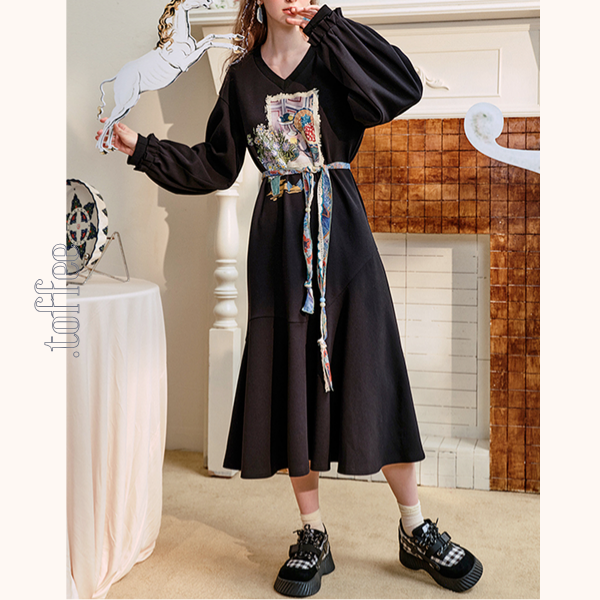 【2color】Vネックスウェットワンピース 《Z00683》