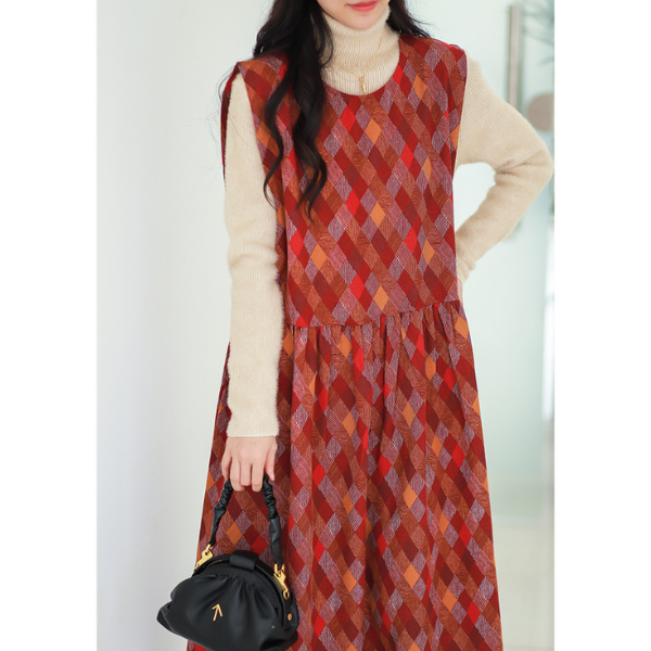 【2color】マルチカラースクエアパターンワンピース w-005