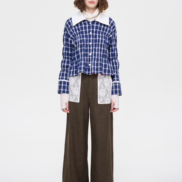 レースディテールチャック柄ブルーシャツ 《Z00636》