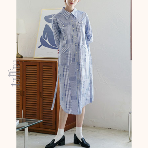 チェック柄パッチワークシャツワンピース Z00469