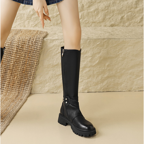 【2color】ラウンドトゥサイドジッパーロングブーツ X-468