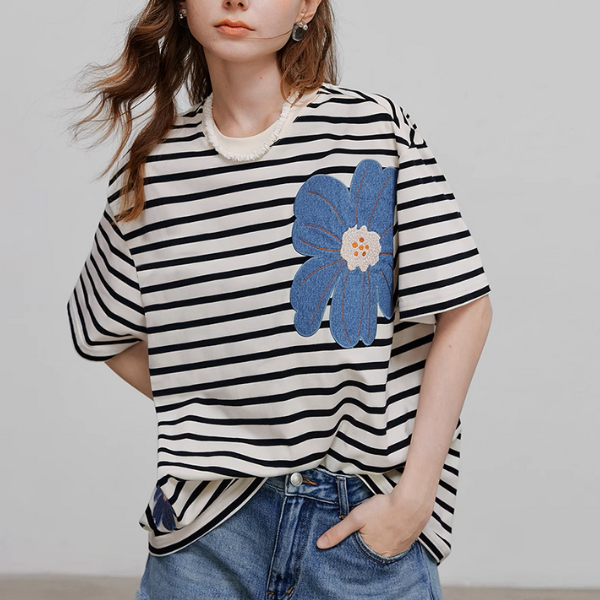 【3pattern】フラワーパッチワークオーバーサイズTシャツ《Z00935》