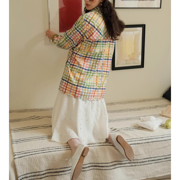 小花×チェック柄のカラフルシャツ Z00078