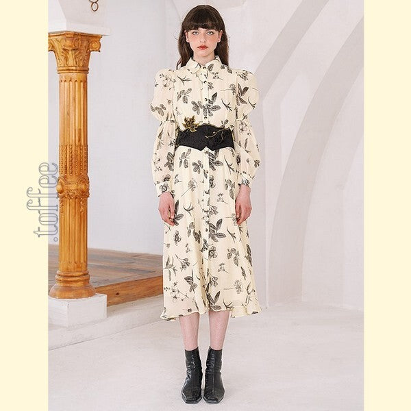 クラシカルボタニカルプリント パフスリーブシャツワンピース C0165