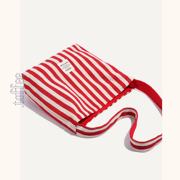 【2color】ストライプ柄×無地ロゴプリントキャンバスショルダーバッグ 《Z00803》