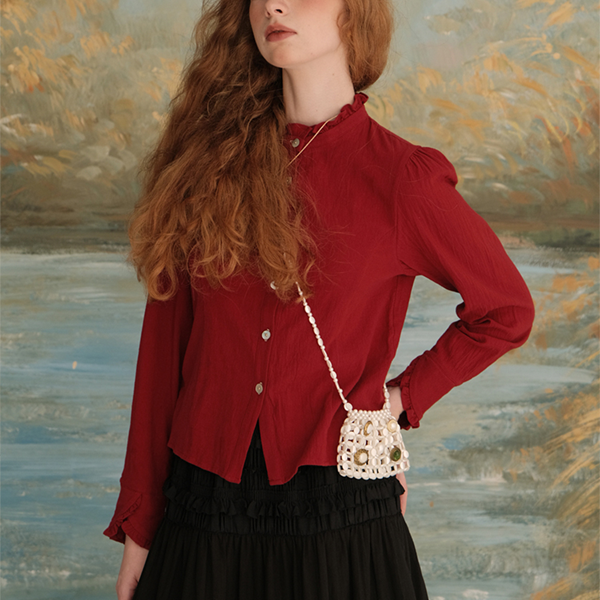 【2color】フリルネックショートブラウス 《Z00618》