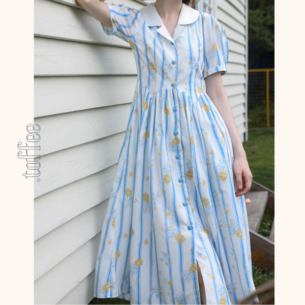 花柄&ストライプフレンチシャツワンピース《Z00879》