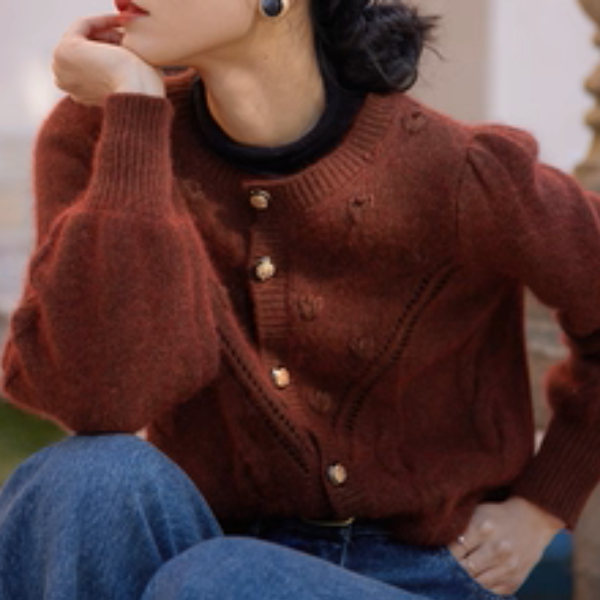 【2color】ぽこぽこ編みの上品パフ袖ショートニットカーディガン《Z01299》