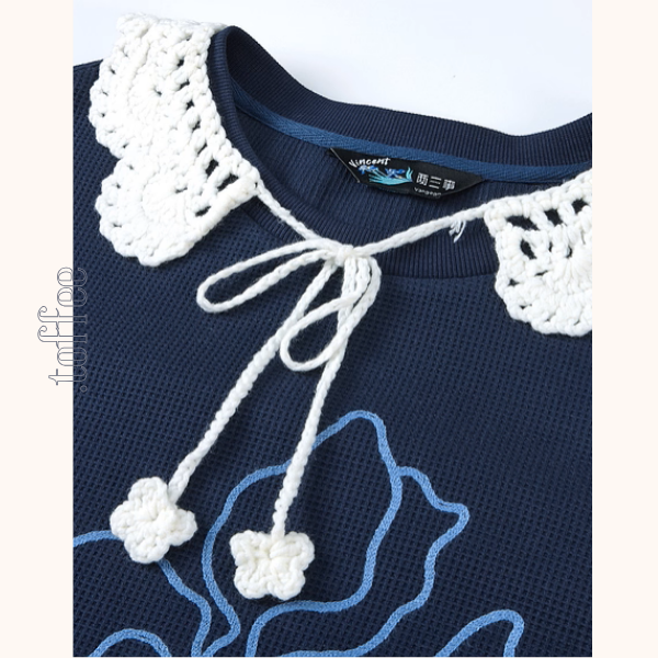 かぎ針襟と花刺繍のネイビーセット《Z01135》