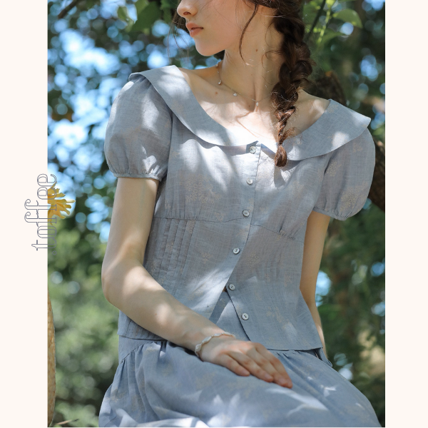 丸襟とパフスリーブのブルーワンピース《Z01090》