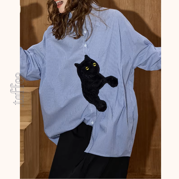 黒猫アップリケ付きストライプシャツ《Z01105》