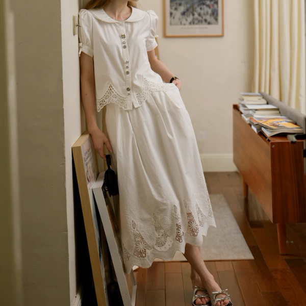 レーズヘムブラウス&フローラルレースミモレ丈スカートセットアップ《Z00896》