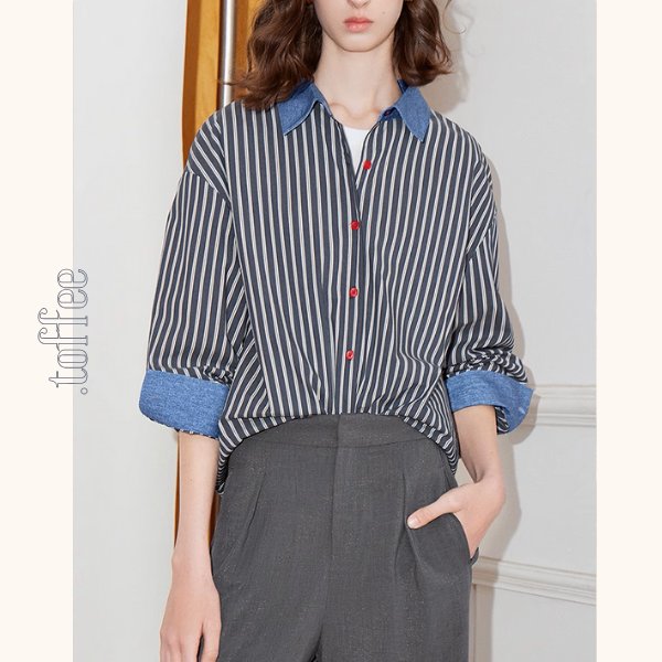 デニムカラー切り替えストライプシャツ《Z00928》