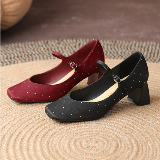 【2color】スクエアトゥチャンキーヒールドットパンプス X-536