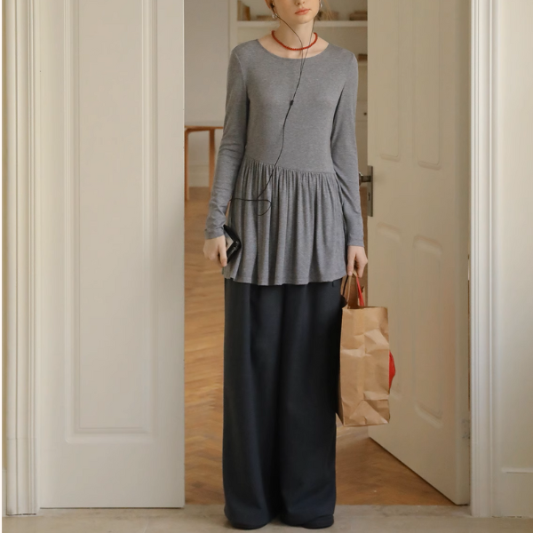 【2color】ラウンドネックペプラムロングトップ《Z00979》