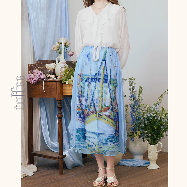 油絵プリントロングシフォンスカート《Z00974》