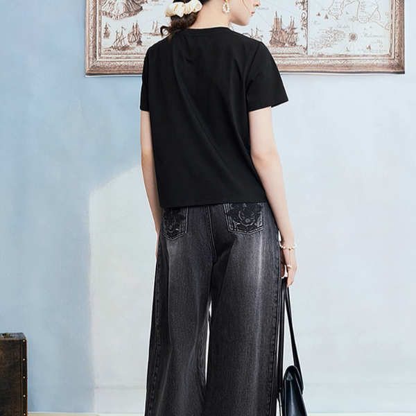 チュールリボンと水鳥プリントのブラックTシャツ《Z01060》