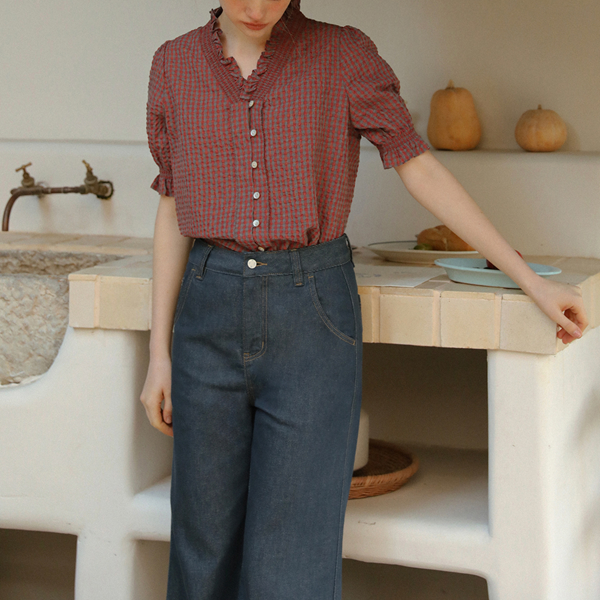 フリルネックチェック柄ブラウス《Z00822》