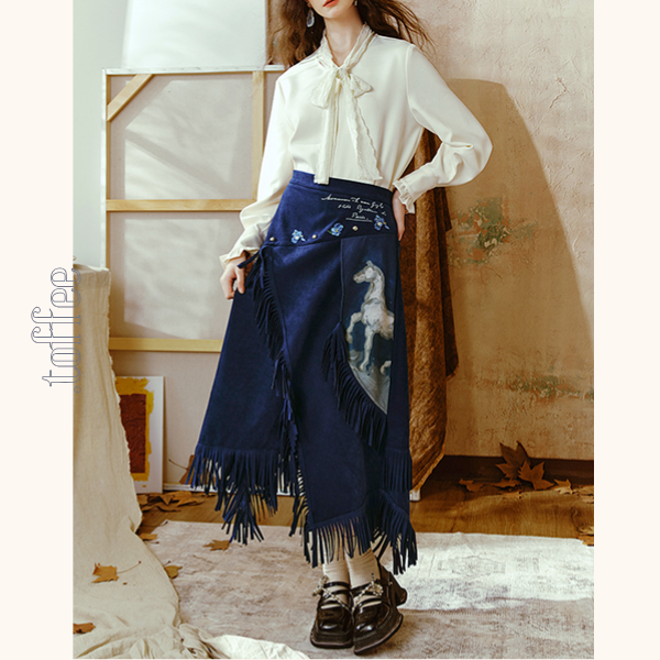 【2color】フリンジ付きアアシンメトリーロングスカート   《Z00664》