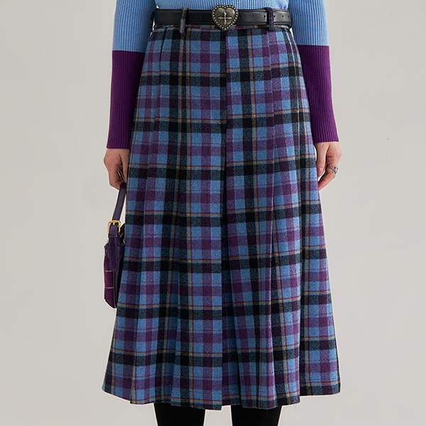 ハイウエストチェック柄ミモレ丈スカート 《Z00656》