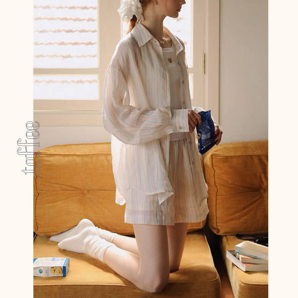 カラフルストライプルーズシャツ&ワイドショートパンツのセットアップ《Z01029》