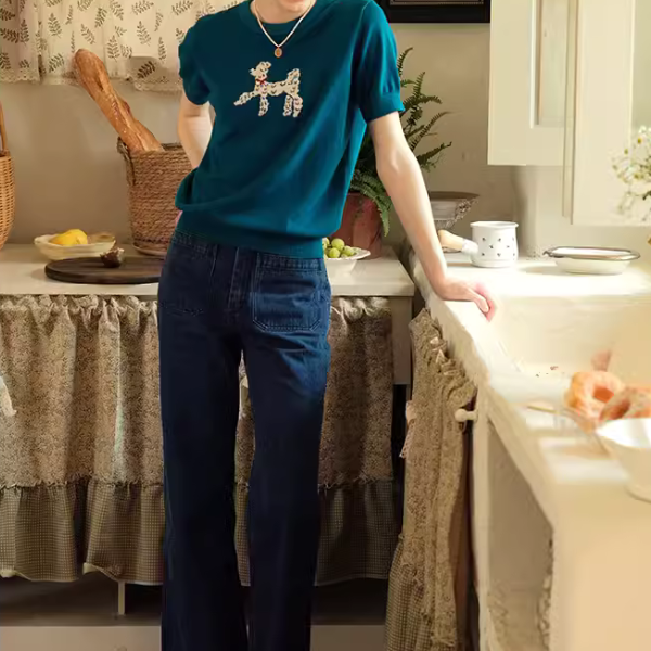 再販決定!【2color】プードル柄パフスリーブニットX1-008