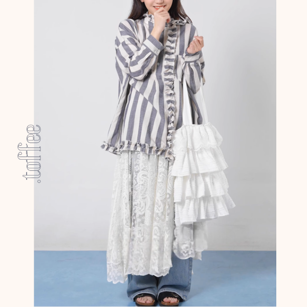 【2color】ストライプ柄フリル装飾シャツ《Z00894》