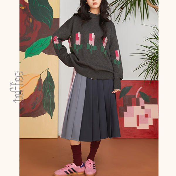 コントラストカラーミモレ丈プリーツスカート 《Z00701》